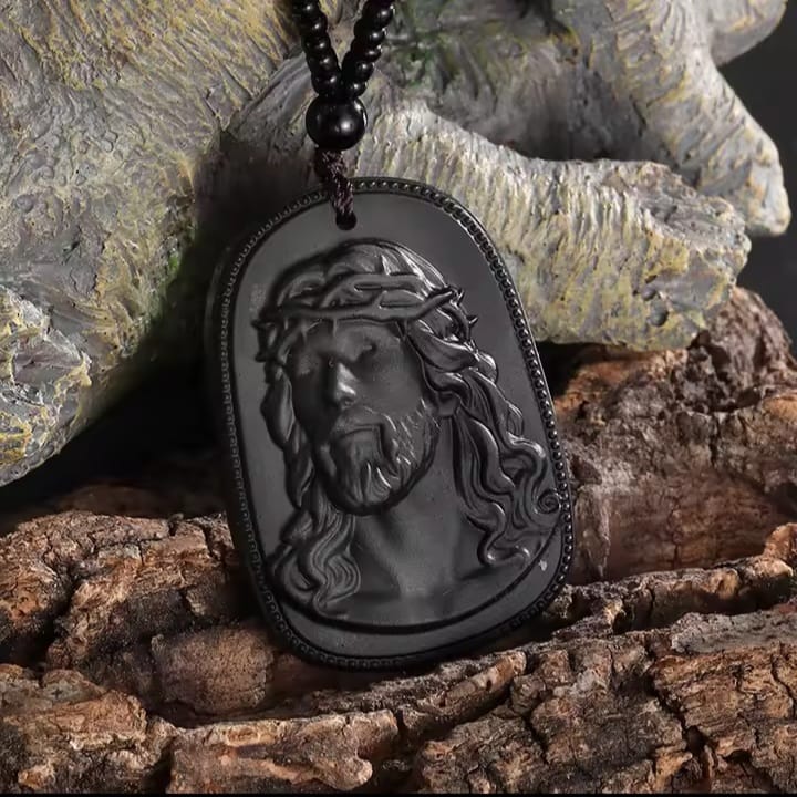 Vintage Christian Obsidian Jesus Statue Pendant Necklace Catholic Prayer Amulet Jewelry Men Women